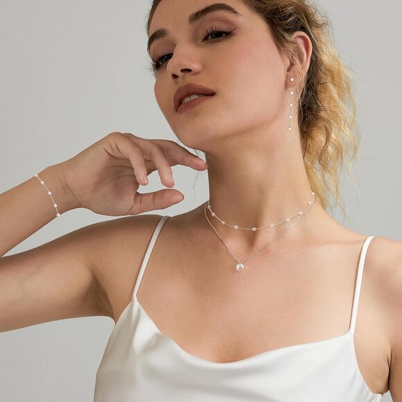 Jewelry Set-Silver Women Dainty Pearl Choker Earrings Bracelet Wedding Gift - Picture 2 of 7